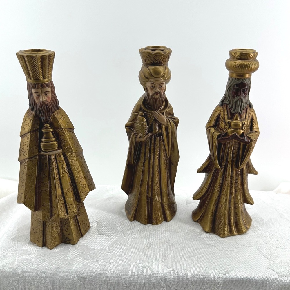 Vintage Three Wise Men Candle Holder Set Gold Good Nativity Magi Japan 5549